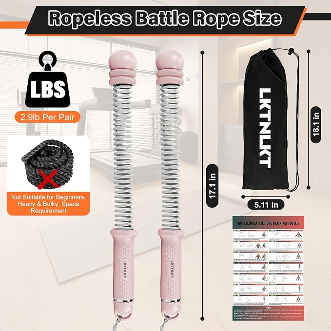 Weighted Ropeless Battle Ropes Adjustable Weight - Portable Cordless Battle Ropes for Home Gym with Workout Poster, Strength Building, HIIT & Low-Impact Cardio Training for Men & Women (Pink)