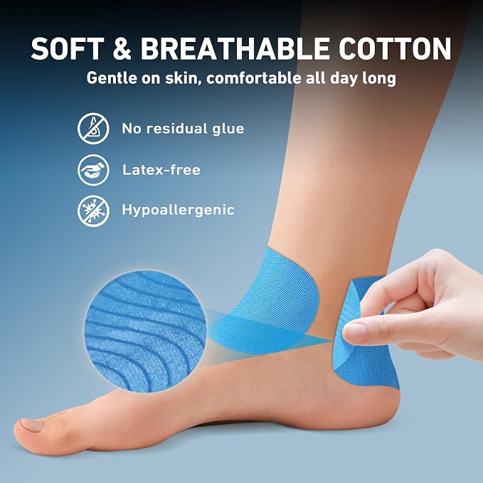 KTQUICK Precut Kinesiology Tape for Ankle,12 PCS,20% Stronger Adhesive,Blue | Precut Ankle Support Tape with Premium Cotton, Breathable, Waterproof Athletic Tape for Running, Training & Hiking