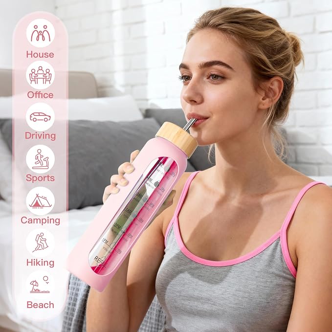 32oz Glass Water Bottle with Time Marker, 2 Lids-Handle Spout Lid & Bamboo Straw Lid, 1 Liter Motivational Borosilicate Water Bottle for Gym, Office, Travel (Pink)