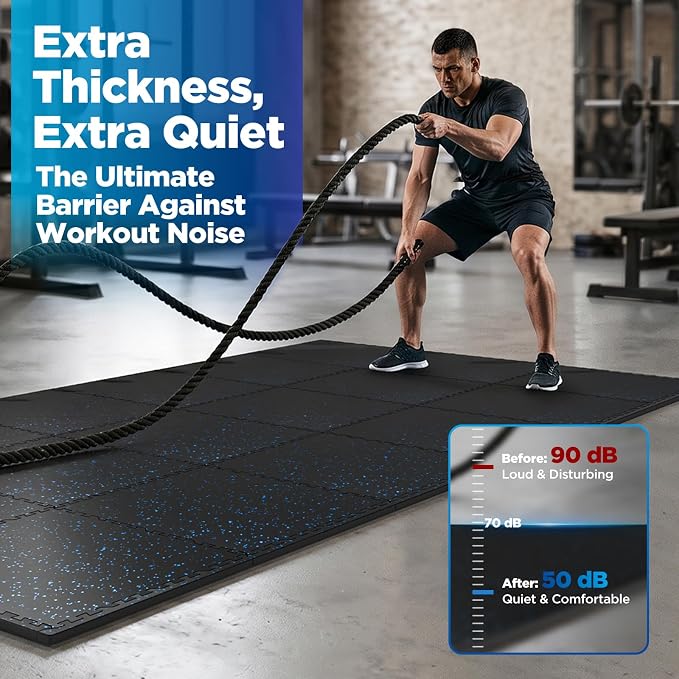1'' Thick 96 Sq Ft Protective Gym Flooring for Home Gym, 24 Tiles Extra-Thick Rubber Top with High Density EVA Foam, Interlocking Exercise Equipment Mats, Heavy Weight Workout, Black & Blue