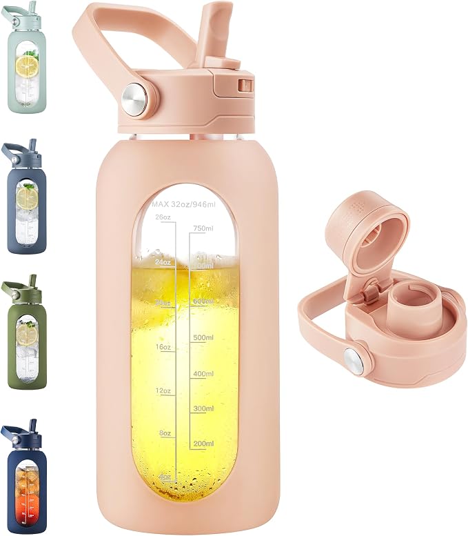 CIVAGO 32 oz Glass Water Bottle with Detachable Straw and Time Maker | Motivational Large Flask Cup with Handle, Leakproof Lids, Wide Mouth, Silicone Sleeve, Tumbler for Juice, Beige