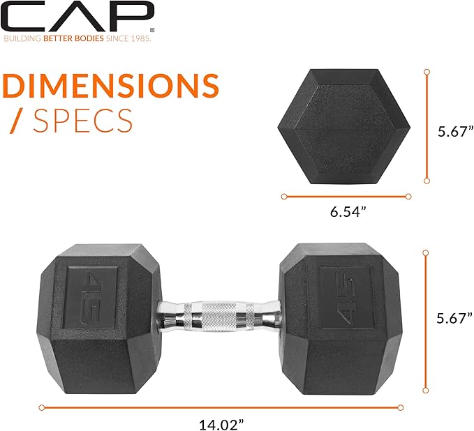 CAP Rubber Coated Dumbbell Weights, Free Weights for Home Gym Strength Training, Anti-Roll Hex Dumbbells with Black, Chrome & Comfort Grip Handles, Pairs & Sets