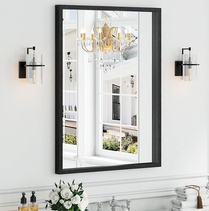 Syndra Black Wood Frame Bathroom Mirror, 30''x40'' Modern Vanity Mirror for Wall, Waterproof Slim Deep Frame, Rectangular HD Tempered Glass Mirror for Living Room, Bedroom, Entryway, Rustic, Farmhouse
