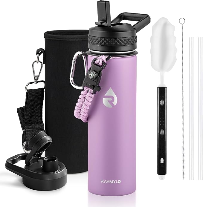 RAYMYLO Insulated Water Bottle 20 oz, Triple Wall Vacuum Stainless Steel | (Cold for 24Hrs, Hot for 12Hrs), Leak Proof & Non-BPA, Modern Water Bottle Jug for School with Straw Spout Lids