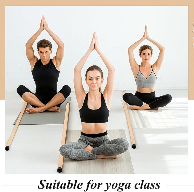 Hiboom 6/9 Pcs 5ft Yoga Stick Natural Bamboo Black Exercise Stick with Non-Slip Rubber Ends Stretching Tool Posture Corrector Stretch Tool for Flexibility, Workout, Balance Fitness