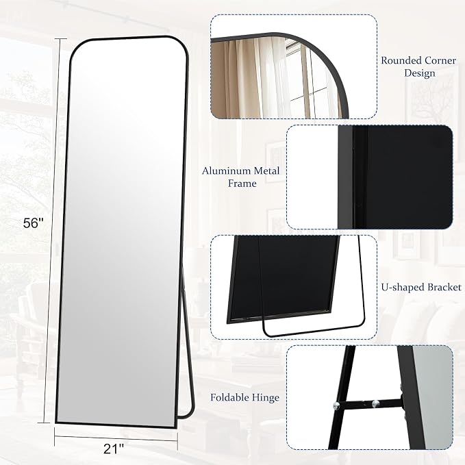 Full Length Mirror 56"x21" Arched Floor Standing Large Mirrors | Full Body Mirror with Stand - with Aluminum Frame for Bedroom Living Room, Black
