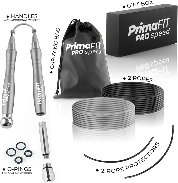 PrimaFIT Pro Speed Jump Rope for Adults, Weighted Skipping Rope for Boxing | Adjustable Jumping Rope for Fitness Workout & CrossFit Exercise, Double Unders, Handle Weights, 3m Cables 2 Protectors, Bag