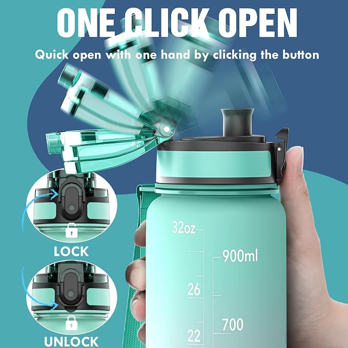 OLDLEY Water Bottle, 32oz Motivational Sports Water Bottle with Time Marker - Times to Drink - Tritan, BPA Free, Wide Mouth Leakproof,Bubble Gum
