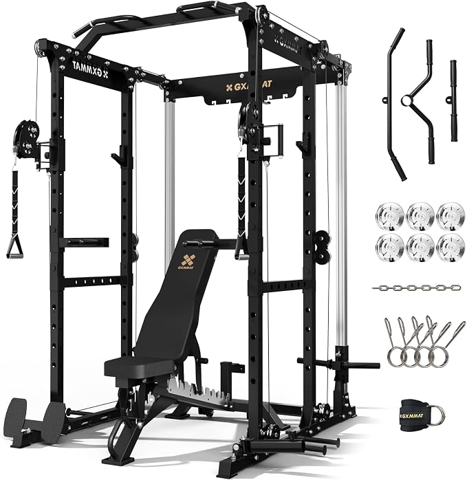 Gxmmat X6 Power Cage, 2200LB Multi-Function Power Rack with Independent Dual Aluminum Pulley System, Squat Rack for Home Gym Strength Training Equipment, Weight Garage Cage with More Attachments