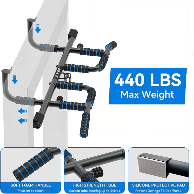 EPHESPORT 2026 Multifunctional Pull Up Bar for Doorway | US Patented Design, Foldable, No Drilling or Slipping, Multi-Grip Bar with Resistance Band, Large PVC Pads, 440 lbs Capacity