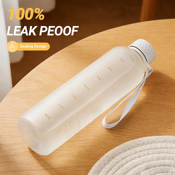 Sursip Slim Water Bottle 32 oz, Leakproof with Time Marker and Strap | Lightweight, BPA-free reusable plastic bottle fits cup holders and is dishwasher safe for gym, school, sports and travel.