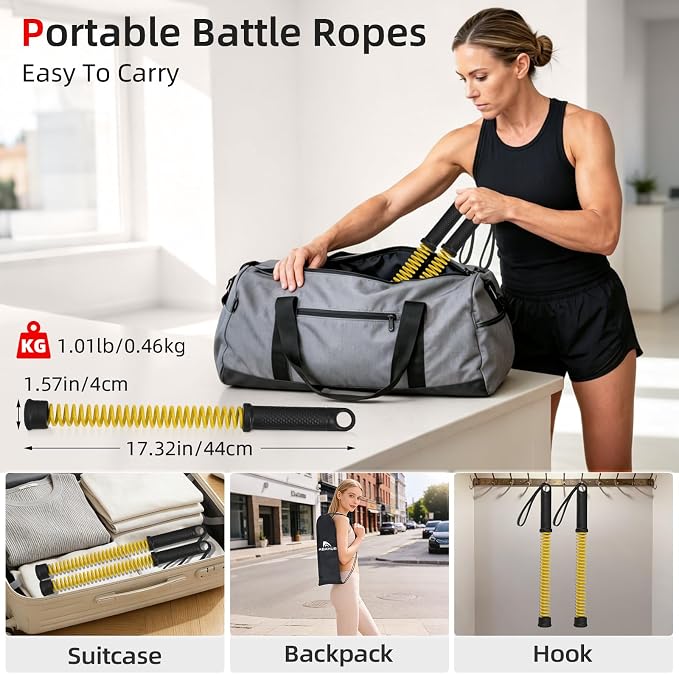 Abahub Weighted Ropeless Battle Rope, Portable Silent Cordless Battle Ropes, Space Saving Home Gym No Battle Ropes with Storage Bag, 2PCS Yellow - Set B
