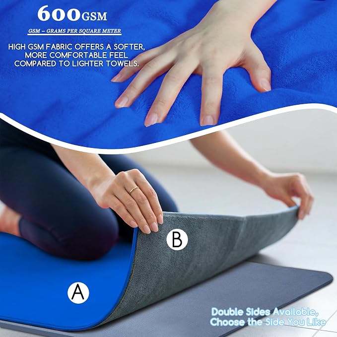 Yoga Mat Towel, Extra Thick (600GSM) Soft Hot Yoga Towel, Non-Slip and Sweat Absorbent for Hot Yoga, Bikram, Pilates, and Fitness, 72" x 27.5", Dual-Color, Grey/Blue