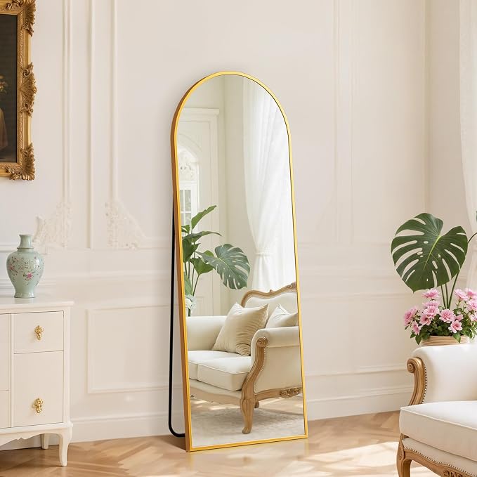 DUMOS 59"x16" Arched Full Length Floor Mirror, Full Body Standing Mirror with Aluminum Frame, Shatter-Proof Nano Glass for Modern Simple Home Decor, Hanging or Leaning, Gold