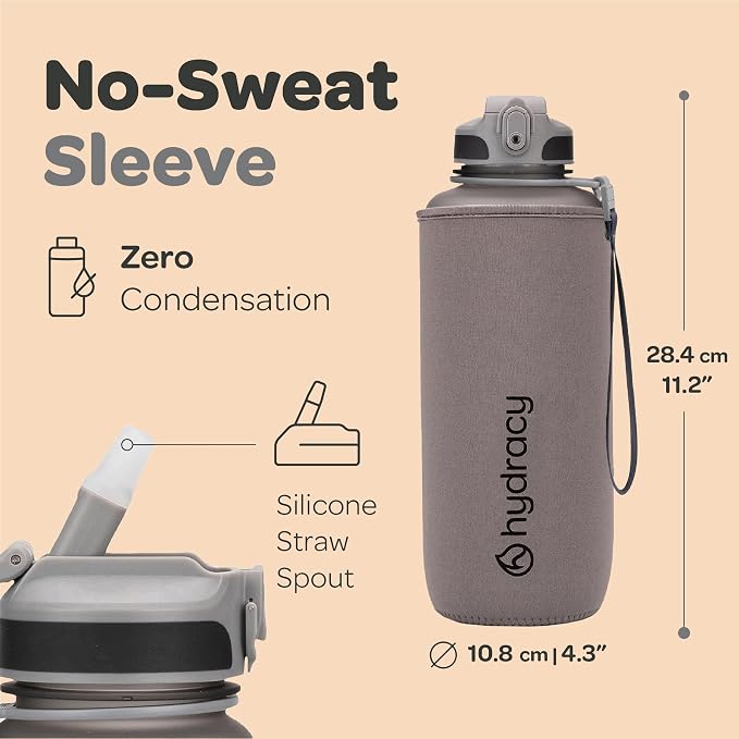 Hydracy 2L Large Water Bottle, Shatterproof, BPA Free Tritan Plastic, Leakproof, Zero Condensation, With Detachable Carry Strap, Spillproof Lid, Convenient Silicon Spout, Ideal for Gym, Yoga | Leakproof,BPA Free,No Sweat Neoprene Sleeve,Carry Strap,Dai...