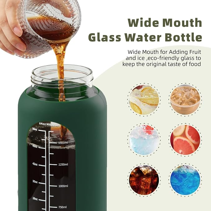 42 oz Glass Water Bottle with 2-in-1 Straw Lid Large Half Gallon Water Bottle with Time Marker & Removable Silicone Sleeve,Wide Mouth BPA-Free Borosilicate Bottle for Gym, Workout & Daily Use