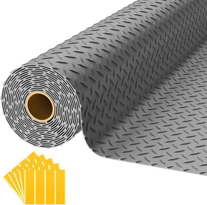 8x25 FT Garage Floor Mat, 2.8mm Thickened Diamond Plate | PVC Flooring Roll for Under Car/Garage/Warehouse/Basement/Gyms/Trailer, 200 SQFT Garage Mat, Tapes Included, Gray