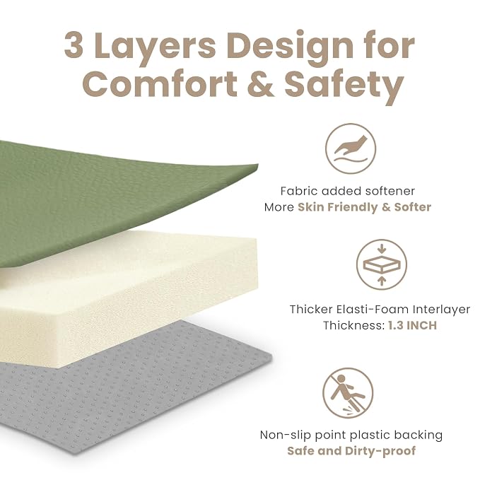 Huloo Sleep Baby Play Mat 65x50 Inches, 1.3" Thick Padded Waterproof Floor Cushion & Playpen Mat with Vegan Leather, Non-Slip & Non-Toxic Nursery Rug for Infants, Toddlers & Kids(Green)