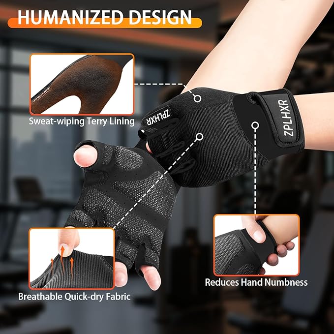 Workout Gloves for Men and Women, Gym Gloves for Weight Lifting, Exercise, Cycling, Training & Fitness, Fingerless with Padded Grip, Full Palm Protection & Breathable Design