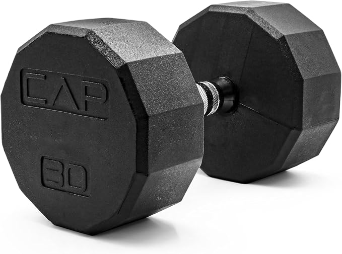 CAP Rubber Coated Dumbbell Weights, Free Weights for Home Gym Strength Training, Anti-Roll Hex Dumbbells with Black, Chrome & Comfort Grip Handles, Singles