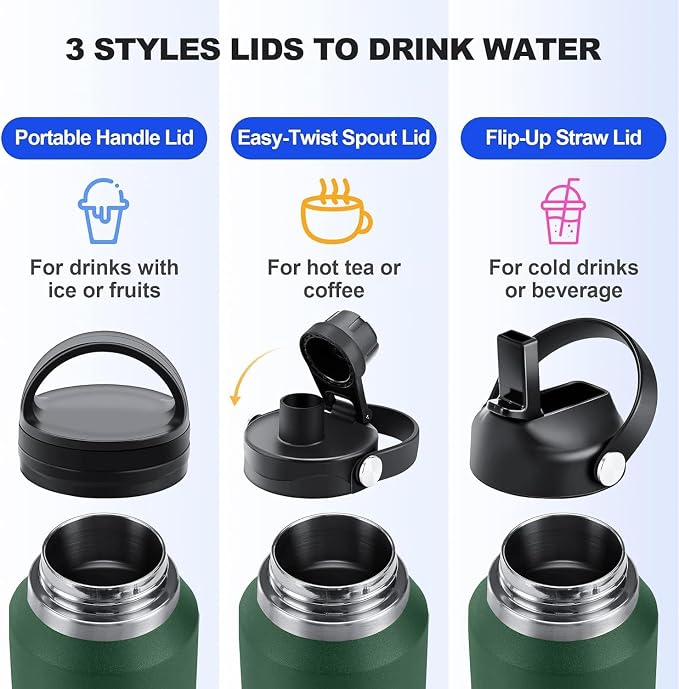 SENDESTAR Water Bottle,Wide Mouth Stainless Steel Vacuum Insulated Double Wall Keep Liquids Cold or Hot All Day,Sweat Proof Sport Design,Fit Car Cup Holder,Dark Green,40 Ounces