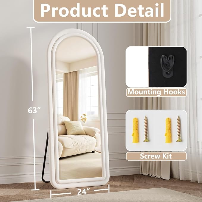 Arched Full Length Mirror 63"x24", Flannel Floor Mirror | Full Body Mirror with Stand, Flannel Mirrror Bedroom and Living Room, Wall Mirror Hanging or Leaning, White