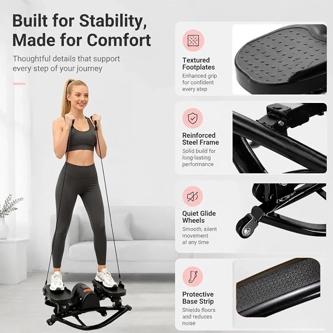 Rock Stepper Side to Side, Rocking Stepper for Exercise at Home with Resistance Bands & LCD Monitor, Low Impact Mini Stair Stepper, Anti-Slip Compact Home Workout Equipment, 250 LBS