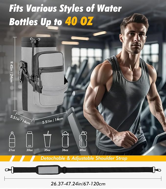 Nuovoware Magnetic Gym Bag, 40oz, Water Bottle Carrier Holder, Gray | Adjustable Shoulder Strap, Magnets Magnetic Gym Bag, Bottle Pouch Sling, 2 Pocket, Neoprene Organizer Sleeve