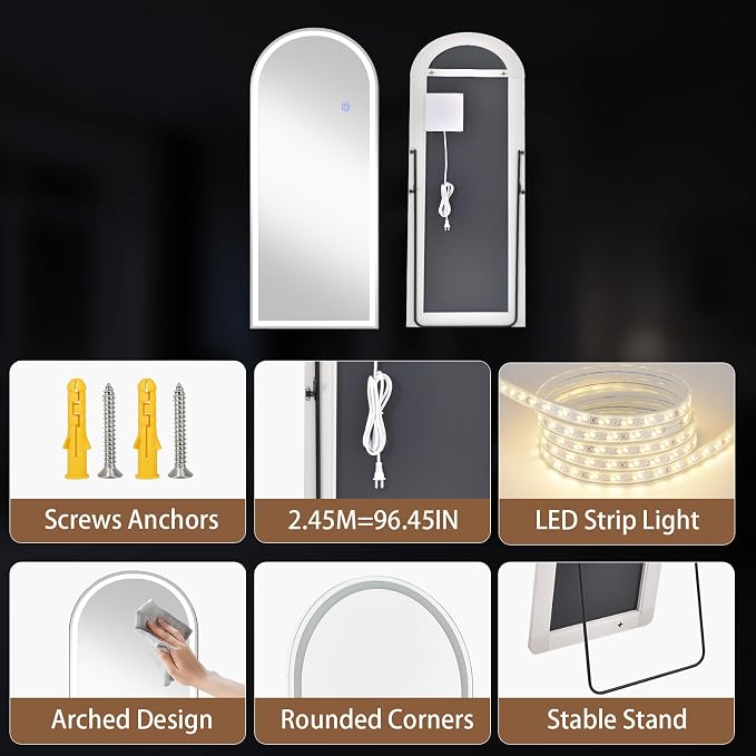 LED Arched Full Length Mirror with Lights 56"x20" | Lighted Floor Mirror with Dimming & 3 Color Lighting Aluminum Frame Standing Leaning or Hanging for Bedroom Cloakroom