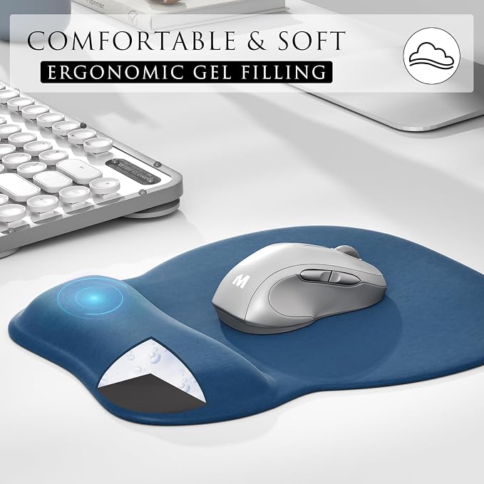 MROCO Ergonomic Mouse Pad with Gel Wrist Rest, 9.4 x 8.1 in, Navy Blue | Ergonomic Shape Design, Multiple Pattern Options, Gel Wrist Comfort, Smooth Lycra Surface, Non-Slip PU Base