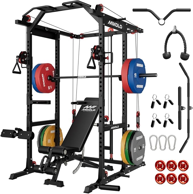 Mikolo K6 2.0 Power Cage, Power Rack with Cable Crossover System, 2000LBS Squat Rack with LAT Pull Down System, Functional Trainer with Aluminum Pulley System for Home Gym