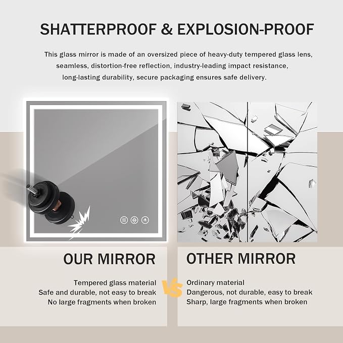Koonmi 47x47 LED Bathroom Mirror with Light, Anti-Fog, 3 Colors | Backlit + Front Lit, Dimmable Brightness, Shatterproof HD Distortion-Free Tempered Glass, Hardware Included