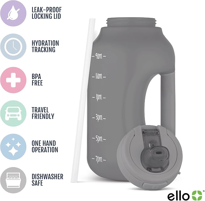 Ello Hydra 64oz BPA-Free Plastic Water Jug with Time Markers, Grey | Large plastic water bottle jug for all day hydration with time markers, carry loop, straw, leakproof lid, and BPA-free