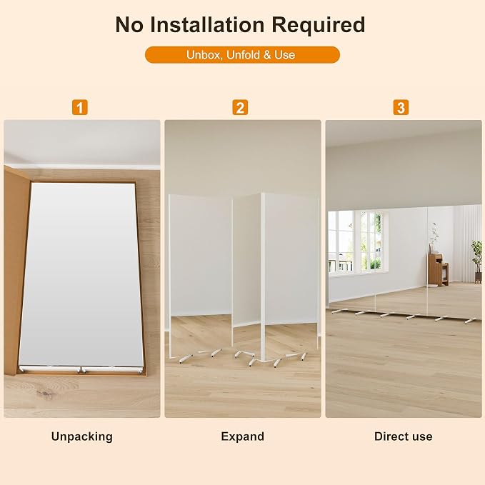 brisafe NanoMirror Non-Glass 118" x 71" Extra Large Mobile Dance Mirror with Wheels, Shatterproof Nano Film Rolling Gym Mirror for Studio, Yoga, Pilates, School & Home Gym, White