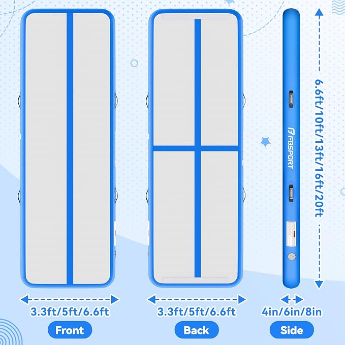 FBSPORT 6.6ft/10ft/13ft/16ft/20ft Inflatable Air Gymnastics Training Mat | 4/6/8 inches Thickness Inflatable Mat, with Electric Pump, Suitable for Home Training/Cheerleading/Yoga/Water