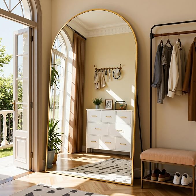 Full Length Mirror 90" L x 46" Full Body Standing Mirror for Bedroom, Living Room, Gym, Dorm - Shatter-Resistant & Easy Assembly, Arched Style Gold