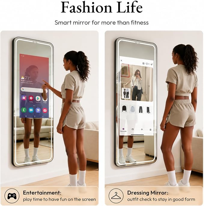 Smart Gym Mirror with 32 Inch FHD Touchscreen, Full-Length Fitness Mirror | 63" Smart Fitness Mirror with Android OS, Voice Control, Ideal for Home Gym, Yoga, Dance and Full-body Workouts