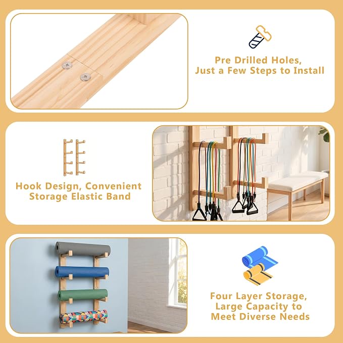 4-Tier Wooden Yoga Mat Holder Wall Mount, Yoga Mat Rack for Home Gym | Wall Yoga Mat Storage, Yoga Mat Holder Wall Mount for Foam Roller and Fitness Accessories Home Gym Organization
