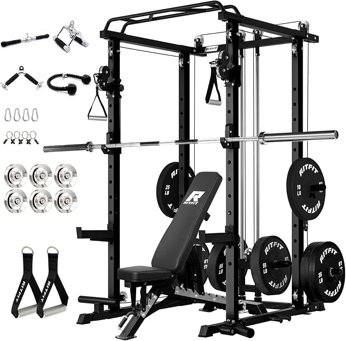 RitFit PPC-P3 Power Cage with Cable Crossover System, 1200LB Capacity | LAT Pulldown & Cable Crossover System with Bumper Plate Set, Olympic Barbell, Bench