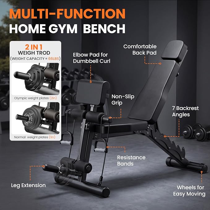 VUSIGN Adjustable Workout Bench, Weight Bench for Home Gym, Preacher Curl Bench with Leg Extension for Full Body Training Fitness, Foldable Incline Flat Decline Sit Up Bench Equipment for Bench Press Dumbbell Exercise with Wheels