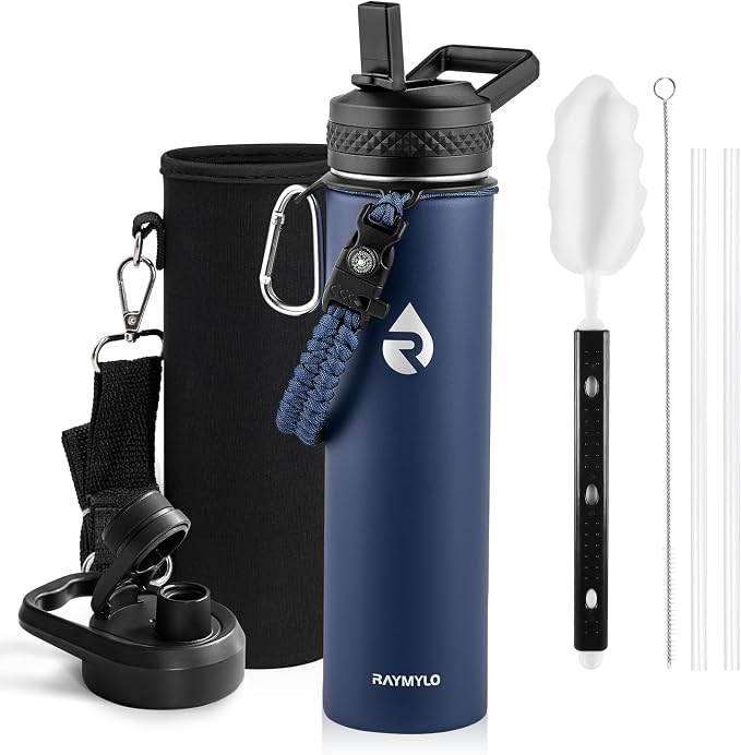 RAYMYLO Insulated Water Bottle 24 oz, Triple Wall Vacuum Stainless Steel | (Cold for 24Hrs, Hot for 12Hrs), Leak Proof & Non-BPA, Modern Water Flask Jug with Paracord Handle & Straw Spout Lids
