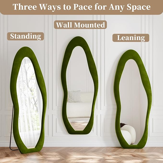 Full Length Mirror, 63"x24" Flannel Full Body Mirrors | Velvet Floor Mirrors with Stand, Irregular Wavy Mirror Hanging or Leaning Against Wall for Bedroom Living Room, Green