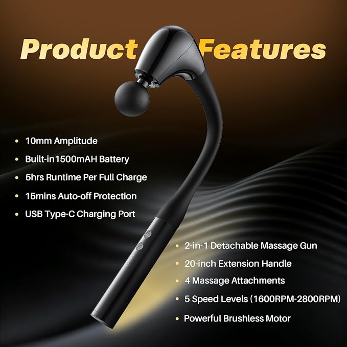 G4D Fascia Gun with Detachable U-Shape Long Handle, 10mm Deep Tissue Percussion, Brushless Motor, Up to 2800 RPM, Type-C Fast Charging, Includes 4 Massage Heads for Back Neck Shoulder Relief