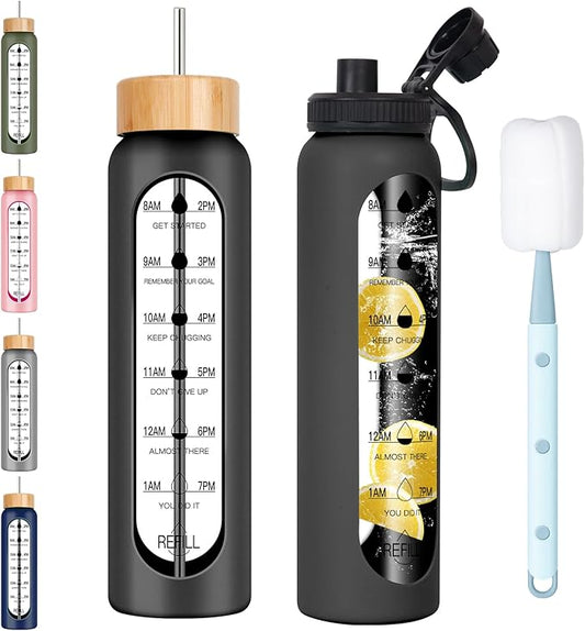 32oz Glass Water Bottle with Time Marker, 2 Lids-Handle Spout Lid & Bamboo Straw Lid, 1 Liter Motivational Borosilicate Water Bottle for Gym, Office, Travel (Black)