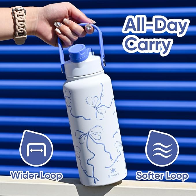 KEWIXY 32 oz Bow Water Bottle, 2-in-1 Lid, Straw & Spout with Protected, Leak Proof, Keep Cold, Stainless Steel, Metal, Reusable, Handle, for Travel, Gym and School, Breeze Blue Bow