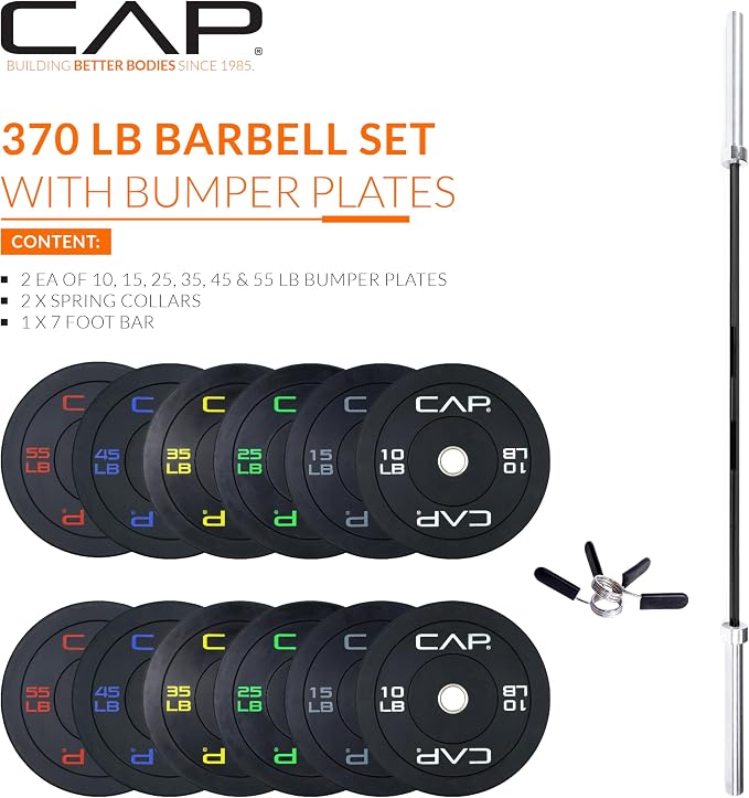 CAP Barbell Olympic Weight Set with 7ft Barbell & Bumper Plates | 160-370 lbs | Multiple Options