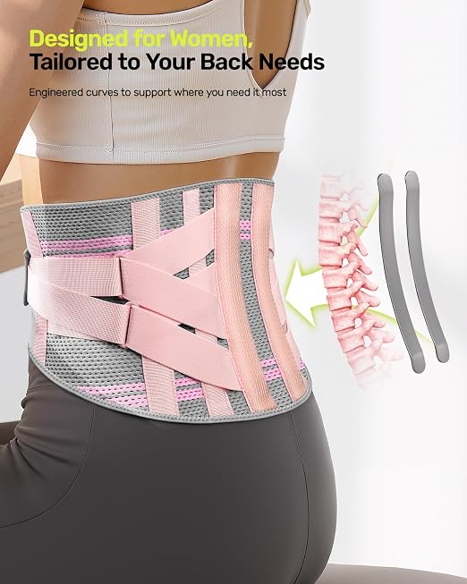 Rakiie Back Brace for Lower Back Pain Women with 9X Support System, Ergonomic Lumbar Support for Pain Relief, Breathable Mesh Design with 3D Silicone Pad for Sciatica, Pink Size XXL (Waist: 43.3" – 52.4")