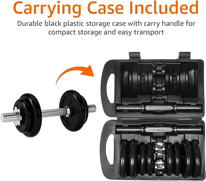 Amazon Basics Adjustable Dumbbell Hand Weight Set with Storage Case, Portable, Secure, 38 Pounds, Black