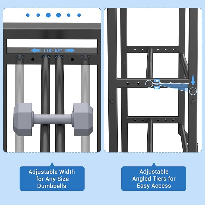 3 Tier Dumbbell Rack, 400LB Weight Rack with 4 Hooks for Home Gym | 1.18"-5.9" Adjustable Width, Anti-Slip Base, 0.04" Thick Tube, Rotatable Leveling Feet, Holds Dumbbells, Yoga Balls