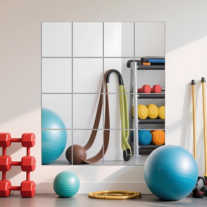 Ruomeng Home Gym Mirrors 14" x 12" x 16Pcs Wall Mounted Mirror Glass Frameless Full Length Mirror Tiles for Home Gym, Bedroom, Door & Bathroom